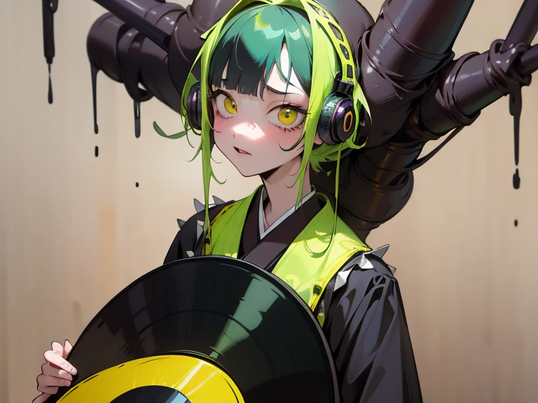 ((18-year-old punk girl)),((Green and yellow British punk fashion:1.5)),(light black hair:1.5、Messy permed hair)Studded clothing、((Holding a record:1.5))、((He has a big speaker on his back))、（Narrow and small eyes）,Wacky makeup、Breast augmentation, (masterpiece), (High resolution), (Very delicate), nightmare, Doll-like face, Manga style, Horror elements, Comic style illustration, Japanese painting, phantom, (Spooky), Japan sculpture, crazy illustration, antique, Dark atmosphere, Flat Illustration,Spookyな外観, Unique atmosphere、music、live house、Headphones
