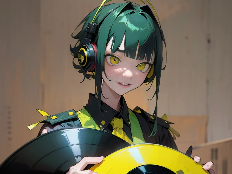 ((18-year-old punk girl)),((Green and yellow British punk fashion:1.5)),(light black hair:1.5、Messy permed hair)Studded clothing、((Holding a record:1.5))、((He has a big speaker on his back))、（Narrow and small eyes）,Wacky makeup、Breast augmentation, (masterpiece), (High resolution), (Very delicate), nightmare, Doll-like face, Manga style, Horror elements, Comic style illustration, Japanese painting, phantom, (Spooky), Japan sculpture, crazy illustration, antique, Dark atmosphere, Flat Illustration,Spookyな外観, Unique atmosphere、music、live house、Headphones
