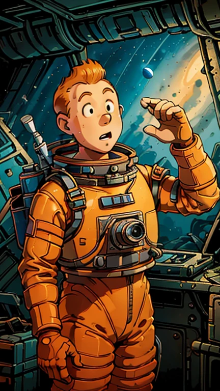 (Teens:1man: Tintin), (extremely detailed CG unit 8k wallpaper),(master part), (best quality), (ultra detali), (best illustration),(aardman style), cowboy shot, (Sharp eyeliner, ombre, detailed eyes:1),Dark midnight derelict spaceship interiors background, ,break , (astronaut in an orange space suit), upper body, short hair, orange hair