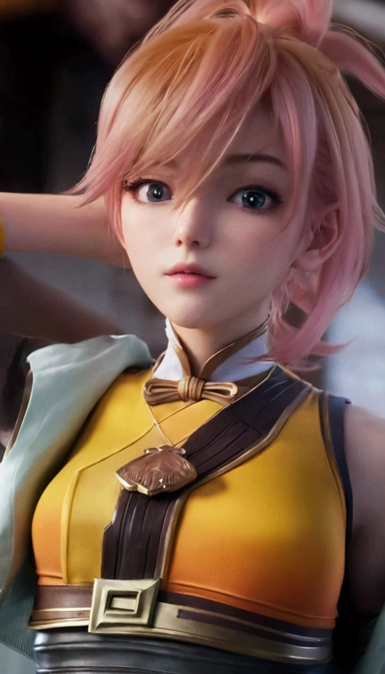 a close up of a woman with a pink hair and a yellow top, from final fantasy, portrait knights of zodiac girl, final fantasy character, from final fantasy xiii, 8k artgerm bokeh, kda, game cg, cinematic close-up bust shot, faye valentine, smooth anime cg art, rin, photorealistic anime girl render