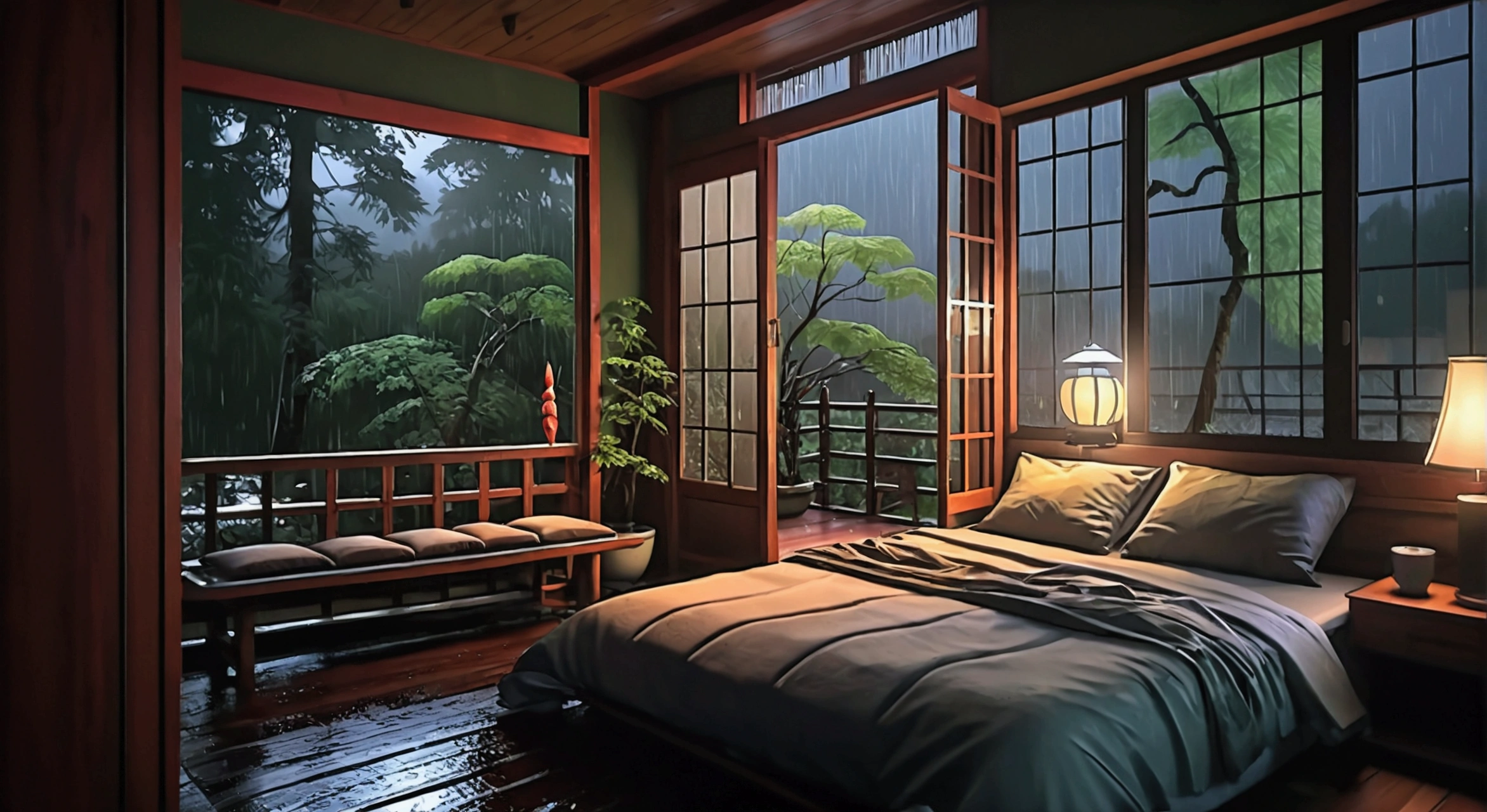 a bed sitting inside of a bedroom next to a window, a digital painting, inspired by Shūbun Tenshō, Artstation Contest Winner, ukiyo-e, at evening during rain, photo realistic image, anime nature