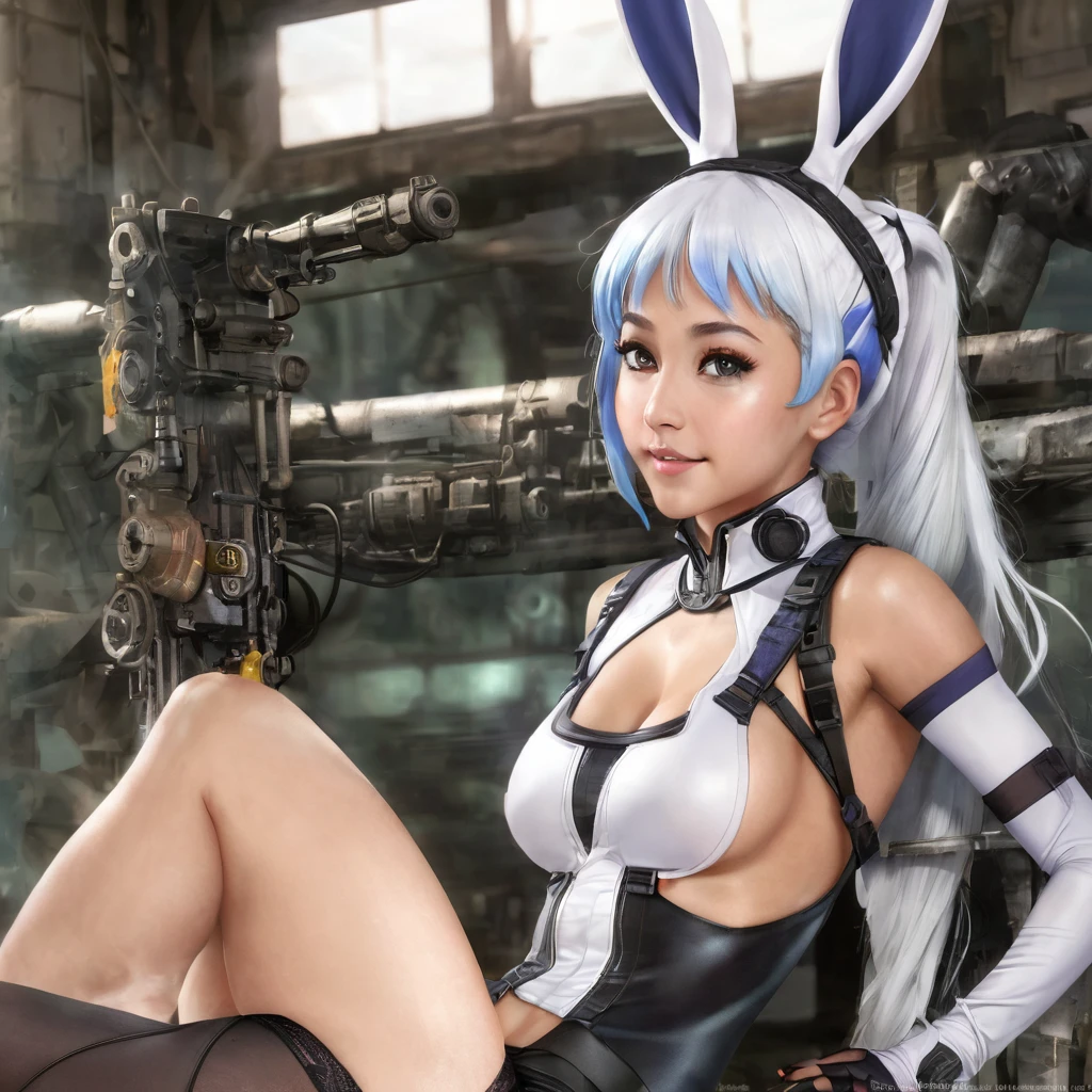 highres, realistic 1girl, (like Tatiana Badiu & sunnyrayyxo), (solo), (Mirko) in cammy_white_(cosplay), rabbit_girl, ((dark_skin)), red_eyes, ((white_hair)), very_long_hair, long_eyelashes, ((large_breasts)), (huge saggy breasts), curvy muscular, sexy body, stunning sexy, underbust, abs, covered_abs, curvy, ((thick_thighs)), thighs, (toned(, smile, teeth, upper_teeth_only, tongue, tongue_out (white_leotard), ((highleg, highleg_leotard, taut_leotard)), blue_gloves, blue_headwear, beret, hat, chest_strap, (thigh_strap), thigh_holster, holster, camouflage, bodypaint, gloves, ((sleeveless_turtleneck_leotard)), braid, twin_braids, low_twin_braids, ahoge, huge_ahoge, (looking_at_viewer, hands_up, rabbit_pose, armpits), bare_shoulders, ((ass_visible_through_thighs)) skindentation, rabbit_ears