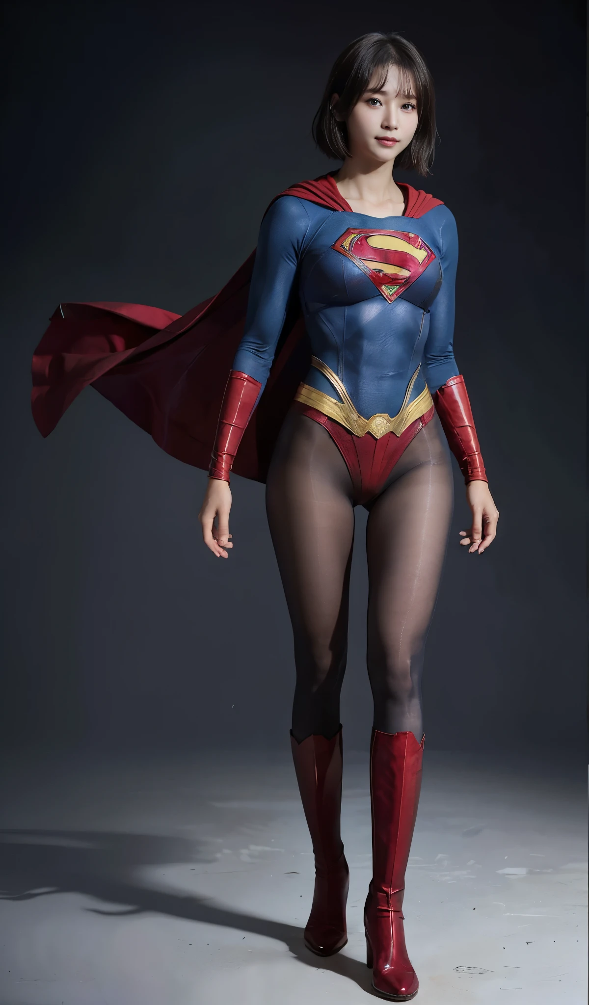 No background、(((Beautiful legs in black tights.)))、(((Legally express the beauty of your smile)))、((((Make the most of your original images)))、(((Supergirl Costume)))、(((Beautiful short bob hair)))、(((suffering)))、(((Please wear black tights....、Wear red boots)))、((Best image quality、8k))、((Highest quality、8k、masterpiece:1.3))、(((Preserve background )))、Sharp focus:1.2、Beautiful woman with perfect figure:1.4、Slim Abs:1.2、Wet body:1.5、Highly detailed face and skin texture、8k