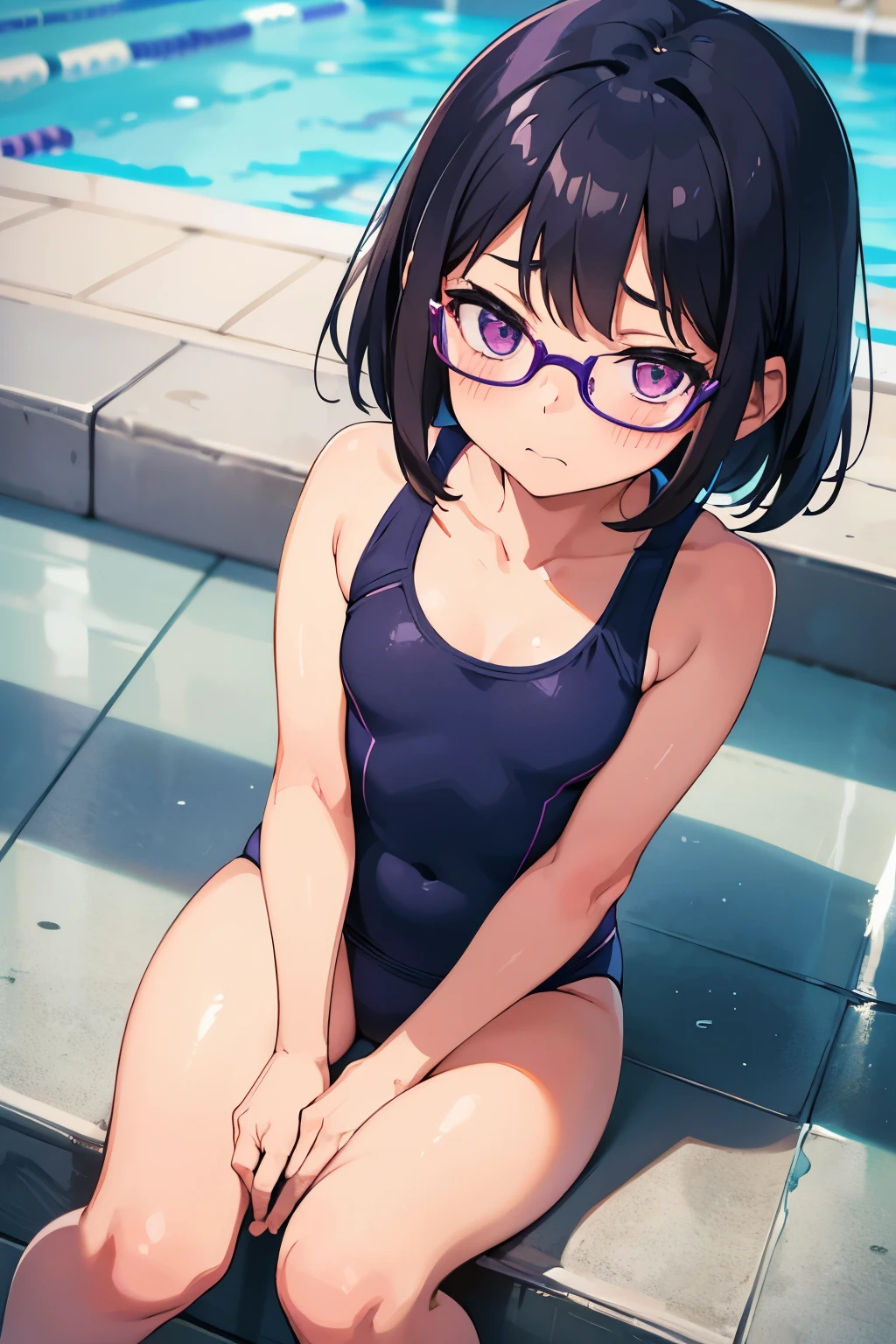 , 8 years old, toddler, fl black hairshort bob, glasses, purple eyes, embarrassed expression（One person））Navy blue old style school swimsuit　Summer sunshine　School swimming pool　Sit by the pool　Touching his crotch　Dynamic angle Low angle