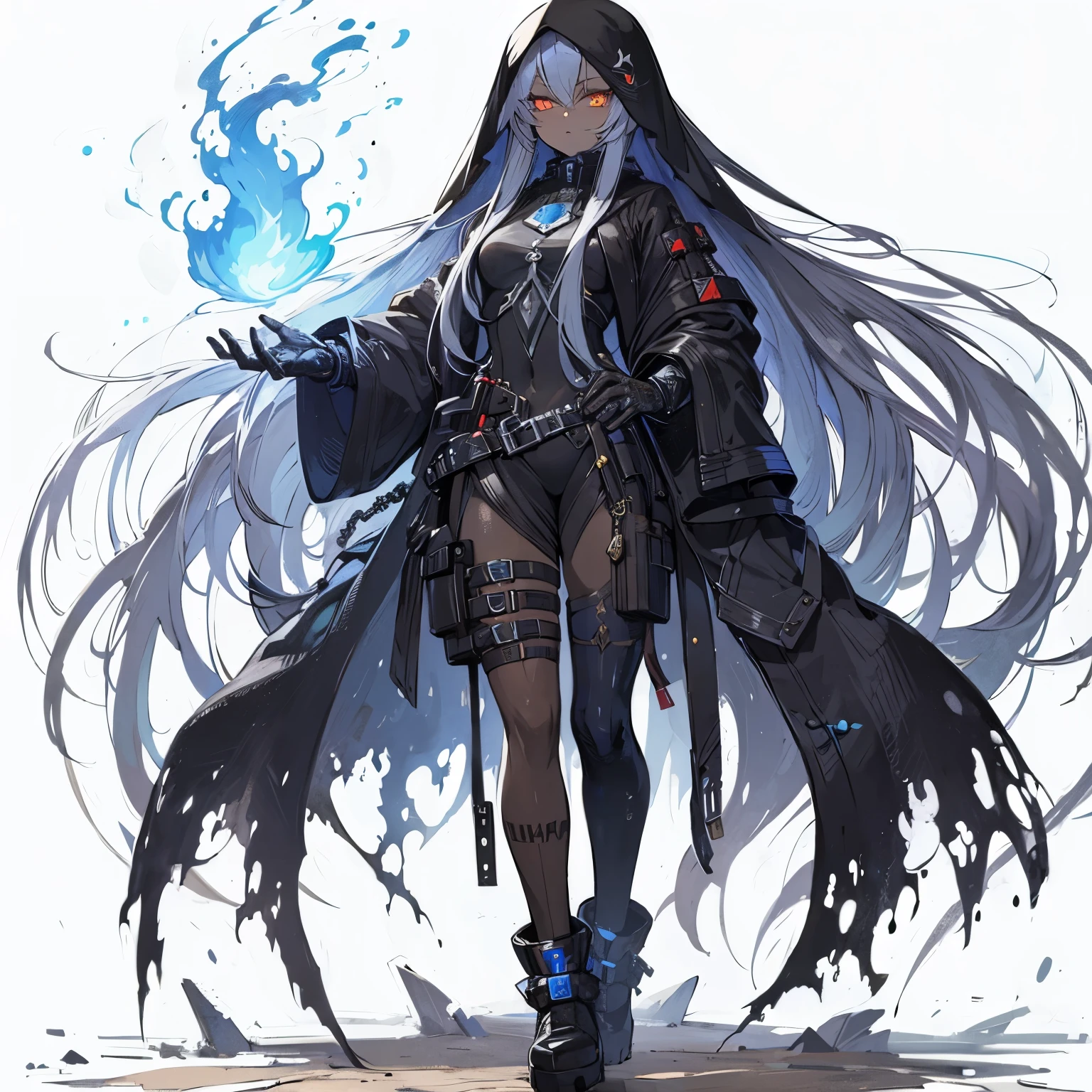 (masterpiece, Highest quality), (Detailed Hair), Very detailed, Anime Style, alone, whole body, Cyberpunk Dark Elf Nun, long ash hair, Golden Eyes, Dark Skin, Wearing tattered nun&#39;s clothes, Knee-high boots, Bulky Gauntlets, Blue flame aura, Super huge, Tall and stylish, Muscular body shape, White Background, Standing at full length, whole body, Standing on the desolate land,
