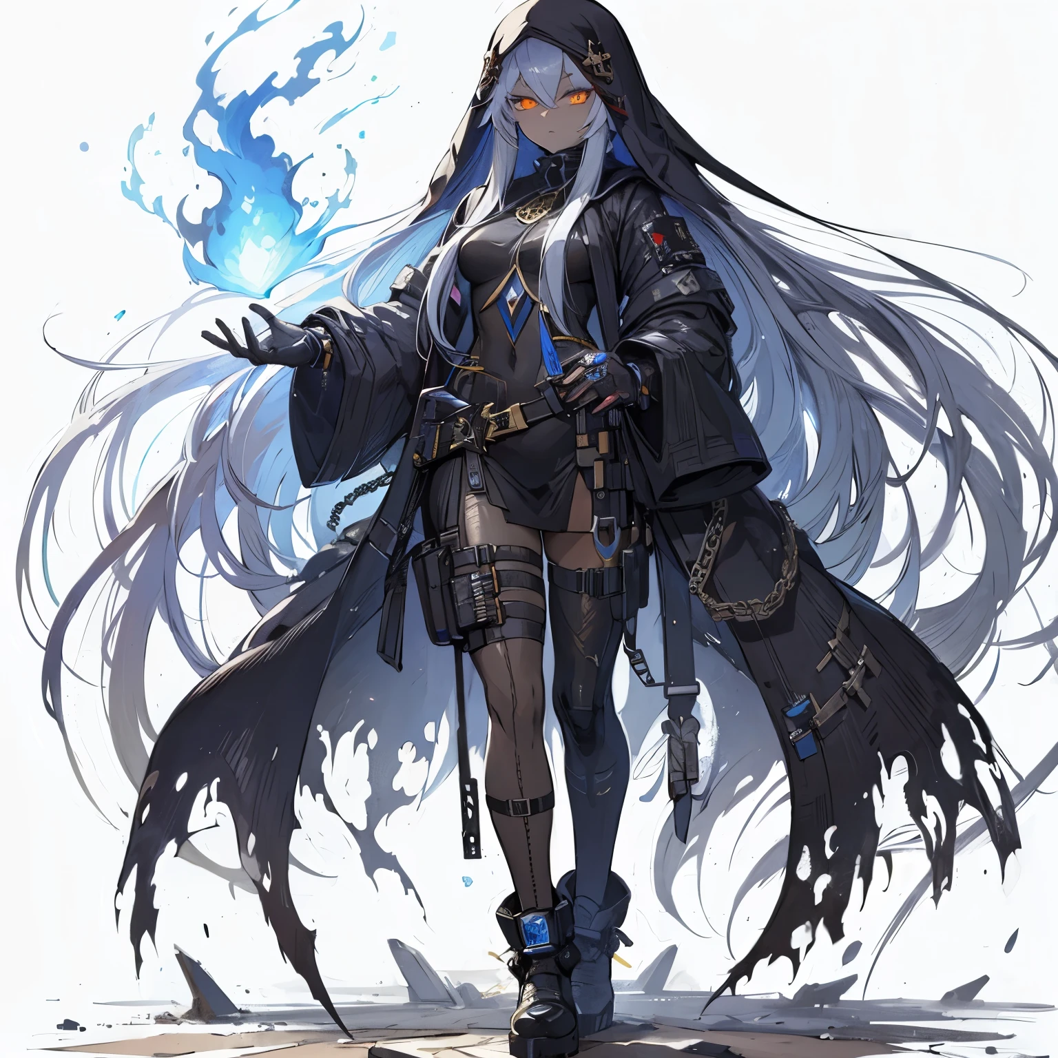(masterpiece, Highest quality), (Detailed Hair), Very detailed, Anime Style, alone, whole body, Cyberpunk Dark Elf Nun, long ash hair, Golden Eyes, Dark Skin, Wearing tattered nun's clothes, Knee-high boots, Bulky Gauntlets, Blue flame aura, Super huge, Tall and stylish, Muscular body shape, White Background, Standing at full length, whole body, Standing on the desolate land,