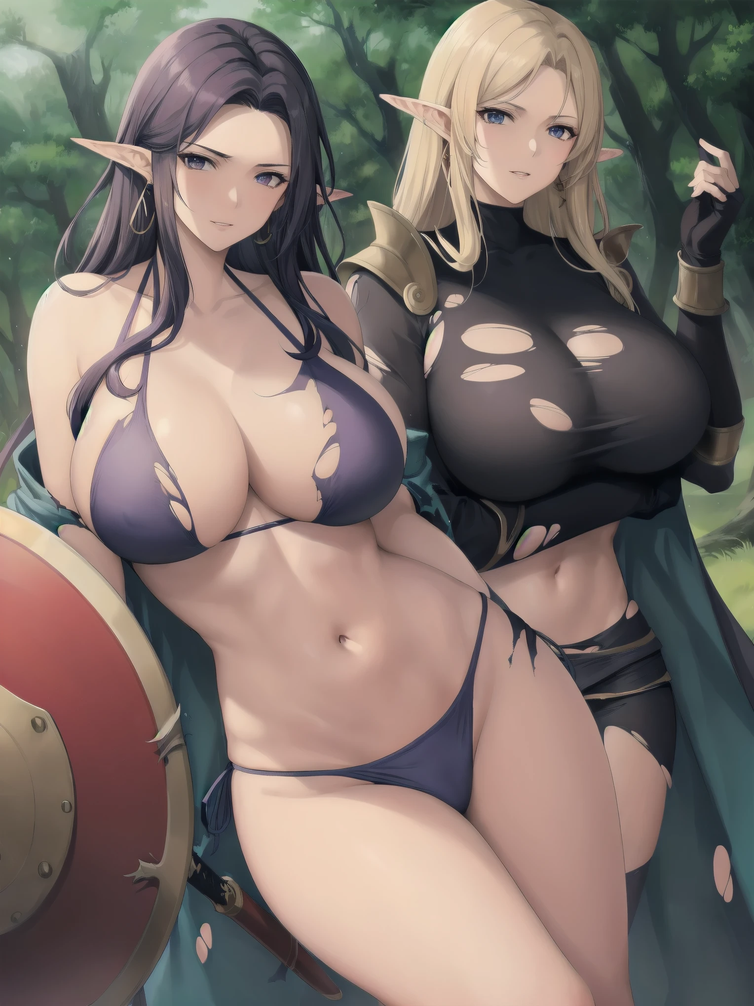 1 woman knight, (((mature))), milf, mature female, (very large breasts), earrings, perfect face, natural hair, flowing hair, perfect body, oppai, massive cleavage, hanging breasts, curvy but thin, beautiful thighs, attractive waist, tall, moderate musculature, toned abdomen, beautiful navel, extreme shading, (outfit: bikini armor), (((torn clothes))), old torn robes, flowing cloth, naked, (pose: ready for a fight), sword, shield, (background: mystical forest), fantasy game, medieval, elven, (quality:best quality), aesthetic, Oda non style, (rating: sensitive),