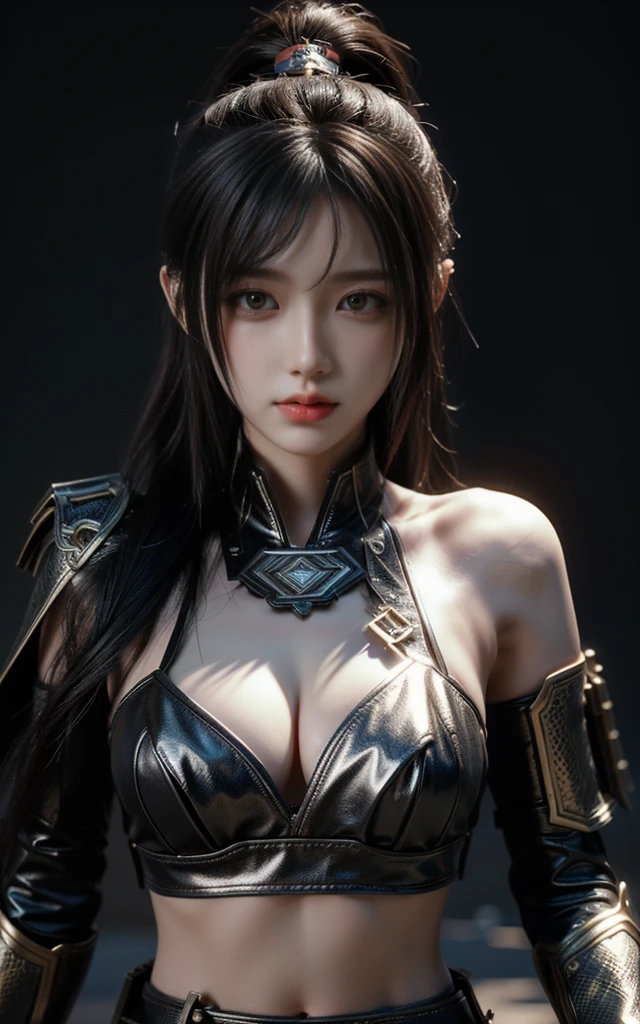 Game Art,Best picture quality,Maximum resolution,8K,(portrait:1.5),(Head close-up),(Rule of Thirds),Unreal Engine 5 rendering works, (future的女孩),(Female Warrior),
20 year old girl,Eyes full of details,(Large Breasts),Elegance and nobility,indifferent,brave,
(融合铠甲特点的future风格作战服,Rune of Light,Rich in details、Metallic combat accessories),future,Cyberpunk Characters,
Photo poses,Simple background,light,Ray Tracing,Game CG,((3D Unreal Engine)),OC rendering reflection mode