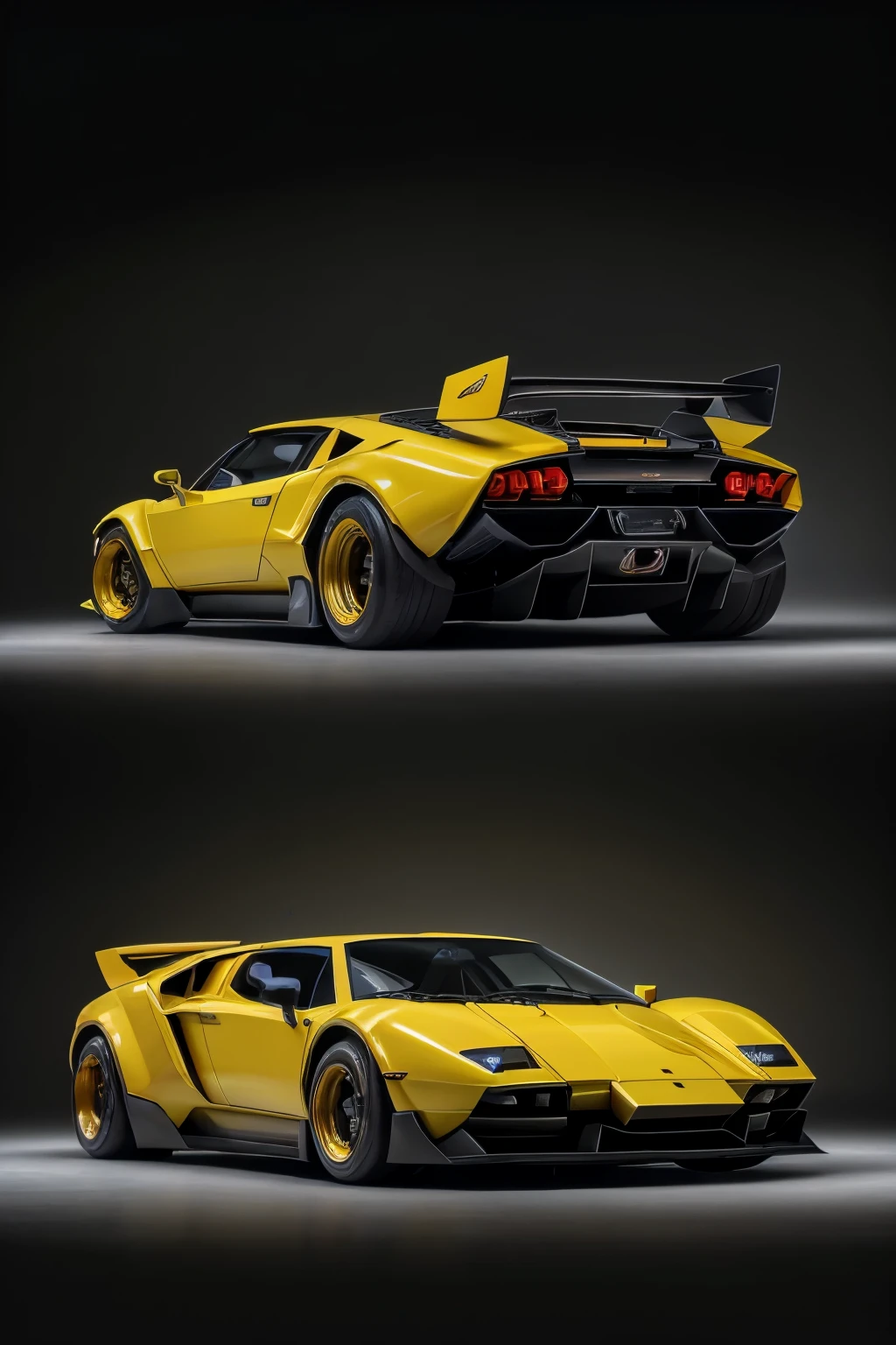 A fusion of Lamborghini Countach and Diablo, ((hybrid design)), ((retro-futuristic)), supercar with sharp edges and sleek lines, ((scissor doors)), ((tinted windows)), ((singular headlight design)), ((V12 engine roar)), ((high-performance tires)), ((green hue with yellow accents)), ((daytime running lights)), ((LED taillights)), ((chrome accents)), ((low to the ground with a wide stance)), ((tail fins inspired by the original Countach)), ((racing stripes on the hood and sides)), ((interior inspired by the Diablo with leather and carbon fiber accents)), ((futuristic dashboard