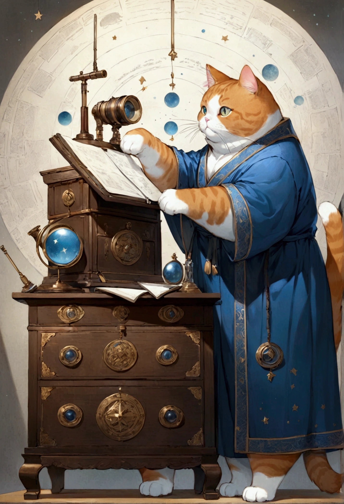 The drawing is of the highest quality, extremely clear, the highest degree of detail, maximum attention to detail, a fat ginger cat, standing on its hind legs, half-turned, wearing a blue robe embroidered with gold stars, standing in front of an old carved bureau made of mahogany, and making notes in old scrolls, behind it is an old telescope on a tripod decorated with bronze, on the walls of the room made of rough gray stone are old engravings depicting constellations.