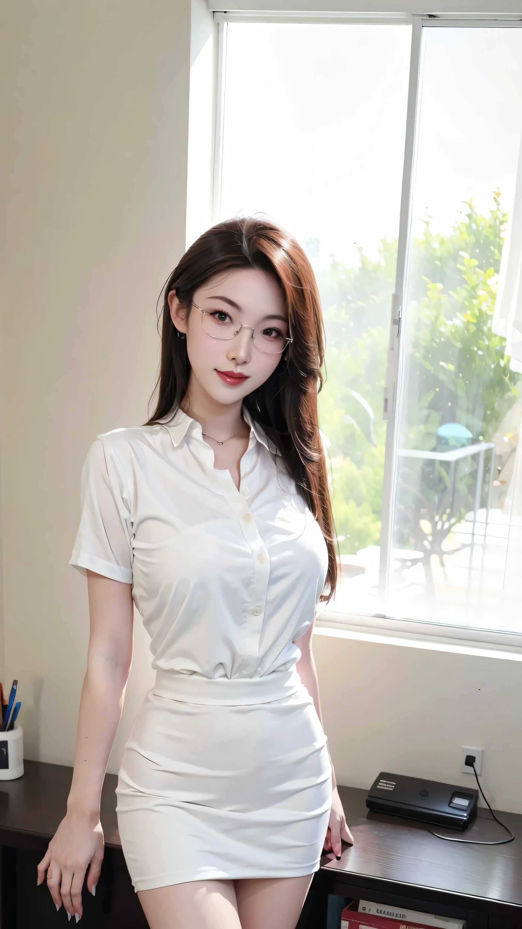 ((Realistic photo, Best quality, 8K, Masterpiece: 1.3)), (raw photo:1.2), Hyperrealist portrait gorgeous Beautiful Chinese girl, 20 years old, Perfect Figure, pretty slender body, (beautiful breasts: 1.2), very detailed eyes and face, (lustfully naughty face, crimson red lip, heavy makeup: 1.3, blushing), beautiful detailed eyes, seductive sharp eyes, (charming smile: 1.4), white skin, photo realistic, very detailed face, ((white shirt, black pencil miniskirt, wearing glasses)), (long legs: 1.2, beautiful long nails), loose curls hairstyle, ((standing pose)), (modern office room background)