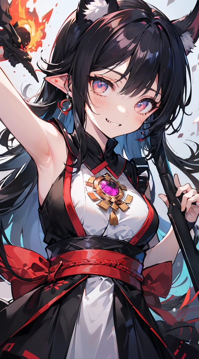 Miko costume、[(Detailed Background:1.4)::5],original,(figure:1.1),(Highest quality),(Tabletop:1.1),(Highly detailed CG Unity 8k wallpaper:1.1), (colorful:0.9),(Mid Shot:0.95),(very detailed beautiful whole body),Ear covering accessories、With an evil sword、Standing in the Wilderness, (girl),(((Adult))), (Beautiful eyes in every detail:1.15), (Beautiful Face:1.15), (Glowing red eyes:1.25////),(Black Hair),Pale skin，Pink Eyes，Red Bow，Amaryllis，((Wicked Smile))，crystal earrings in the ears，raven feather skirt,whole body,Miko costumeニーソを履いて,((Long black hair)),Long black hair,Atomic bomb, Or a nuclear bomb, It is an explosive weapon with great destructive power., A large amount of energy is released、. The bomb works through the nuclear process of atomic fission.。, A large amount of energy can be released from a small amount of matter.. Aegis Ore Shield Black Opal Aberration Flail Weapon resting, A creation of nightmares ready for action. This mangrove weapon is a grotesque monster., Has twisting tentacles that form an extension of the weapon. Each tentacle ends in an eyelid bearing sharp teeth and fangs.。, jutting out like a deadly blade. The body of the weapon、It is adorned with stitched-together human arms and a mad eye filled with slithering, snake-like tentacles.。. Even though I&#39;m in chains, The anomalous grenade weapon has a look of insanity and extreme madness., As if they were a living extension of the chaos that inhabited the dungeon.. Your eyes shine with a disturbing intensity. The surroundings are ominous, Damp stone walls and oppressive silence. Anomalous Mangual Weapons are Cursed Relics, Defying all notions of sanity、A weapon capable of causing destruction at any time.