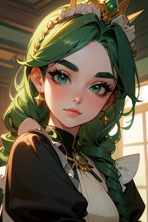 (Highest quality, masterpiece:1.2), High resolution, Very detailed, Realistic:1.37, Fantasy, An illustration, Green Eyes、Queen, Platinum decoration、beautifully、Eyeshadow Red、Thick eyebrows、Long eyelashes、pupils are black、Her hair is dark green、Gold crown、Kissing Face、Embarrassing、Beloved by the crowd、Hair is green、Braiding、(Fancy hair accessories)、Laugh gently、From the waist up、((Maid))
