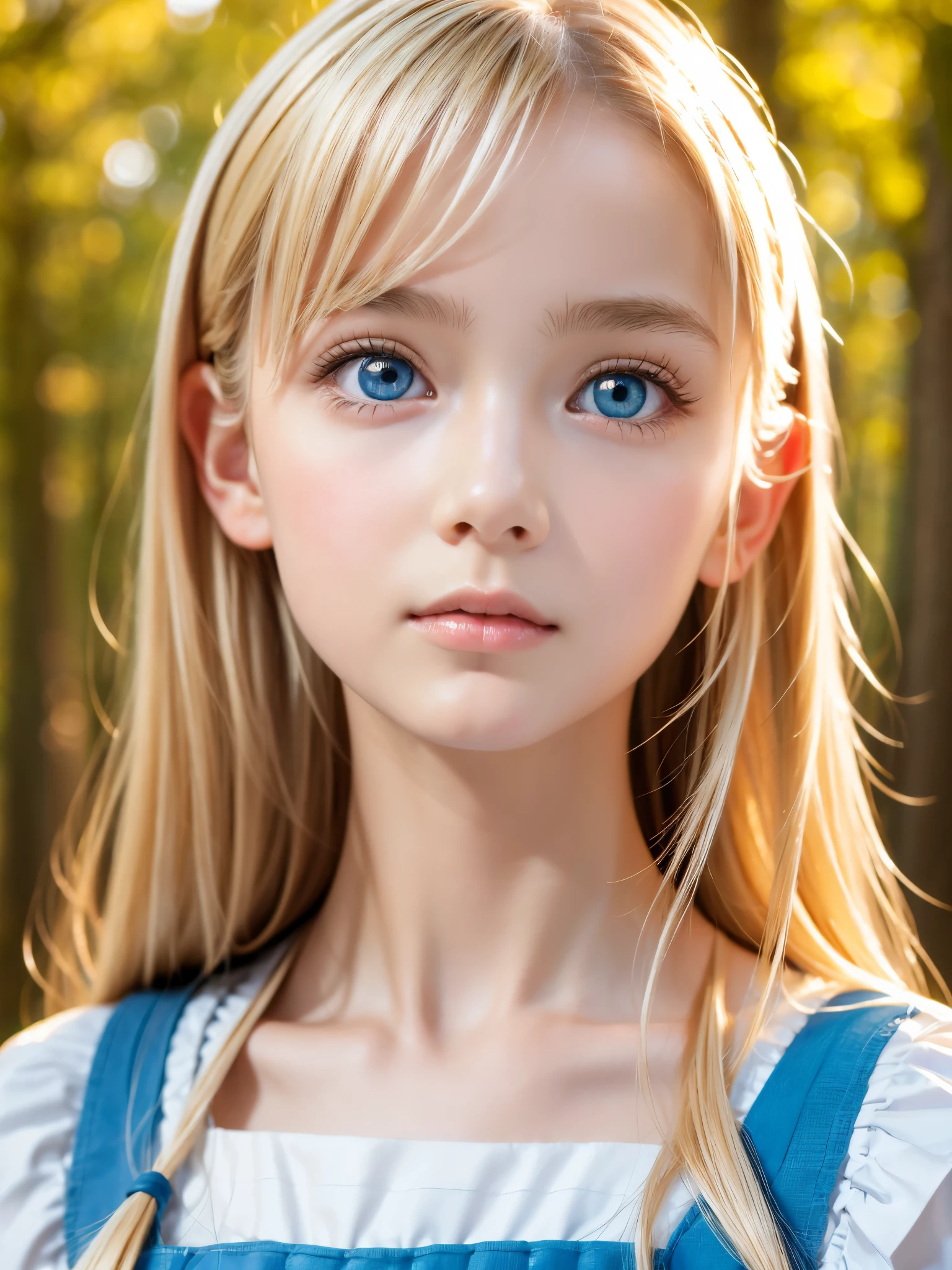 One Girl，(1人のとてもcute女の子:1.3)，masterpiece，Highest quality，High resolution，From below，Low - Angle，Photorealistic，RAW Photos，Ray Tracing，Physically Based Rendering，beautiful girl，(12 years old:1.3)，cute，Big Blue Eyes，(detailed pupils:1.2)，(Face turned to the side:1.3)，Body facing sideways，Beautiful nose，Upturned nose，Fuller lips，Platinum Blonde Hair，Detailed eyelashes，Thin eyebrows，Very fine grain definition，(Symmetrical eyes，Golden Ratio:1.3)，(Face close-up，Face Focus:1.0)，Small breasts，Short neck，Light blue dress，White apron，forest，Alice in Wonderland，Spring sunlight，Soft Light，Portrait，Look to the side，Upper Body，Cinema Lighting，High resolution，Very detailed