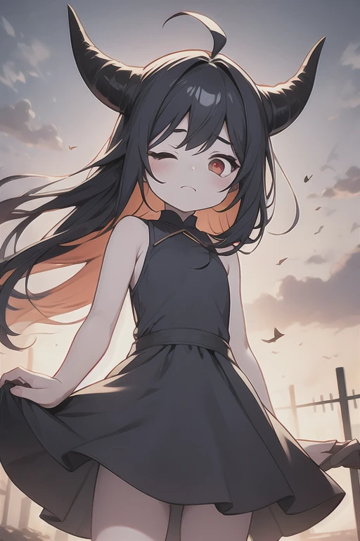 Young Girl,,Wearing a one-piece dress,Mini character,Red eyes,Black Hair,Long Hair,Dark atmosphere,Deformed character,Horns growing,Ahoge,Pale skin,eyes are half closed,Troubled face,Shoulder sticking out,Sleeveless dress,Tight-fitting clothing
