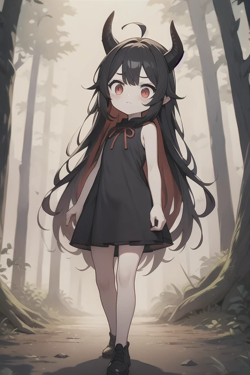 Young Girl,,Wearing a one-piece dress,Mini character,Red eyes,Black Hair,Long Hair,Dark atmosphere,Deformed character,Horns growing,Ahoge,Pale skin,eyes are half closed,Troubled face,Shoulder sticking out,Sleeveless dress,Tight-fitting clothing
