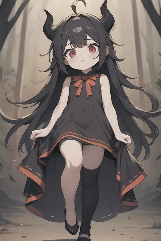 Young Girl,,Wearing a one-piece dress,Mini character,Red eyes,Black Hair,Long Hair,Dark atmosphere,Deformed character,Horns growing,Ahoge,Pale skin,eyes are half closed,Troubled face,Shoulder sticking out,Sleeveless dress,Tight-fitting clothing
