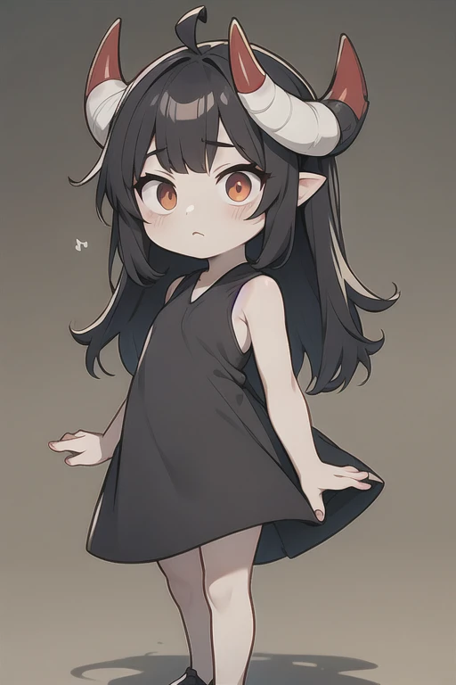 Young Girl,,Wearing a one-piece dress,Mini character,Red eyes,Black Hair,Long Hair,Dark atmosphere,Deformed character,Horns growing,Ahoge,Pale skin,eyes are half closed,Troubled face,Shoulder sticking out,Sleeveless dress,Tight-fitting clothing
