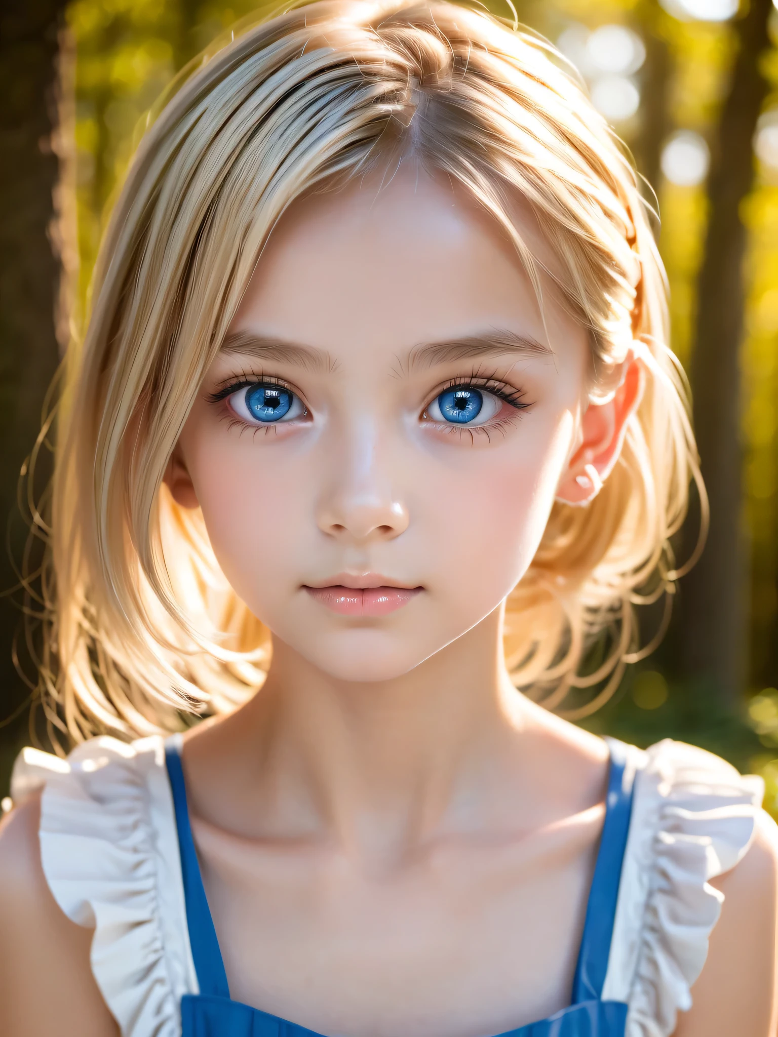 One Girl，(1人のとてもcute女の子:1.3)，masterpiece，Highest quality，High resolution，From below，Low - Angle，Photorealistic，RAW Photos，Ray Tracing，Physically Based Rendering，beautiful girl，(:1.3)，cute，Big Blue Eyes，(detailed pupils:1.2)，(The face is facing straight ahead:1.3)，Body facing forward，Beautiful nose，Upturned nose，Fuller lips，Platinum Blonde Hair，Detailed eyelashes，Thin eyebrows，Very fine grain definition，(Symmetrical eyes，Golden Ratio:1.3)，(Face close-up，Face Focus:1.0)，Small breasts，Short neck，Light blue dress，White apron，forest，Alice in Wonderland，Spring sunlight，Soft Light，Portrait，View Viewer，Upper Body，Cinema Lighting，High resolution，Very detailed