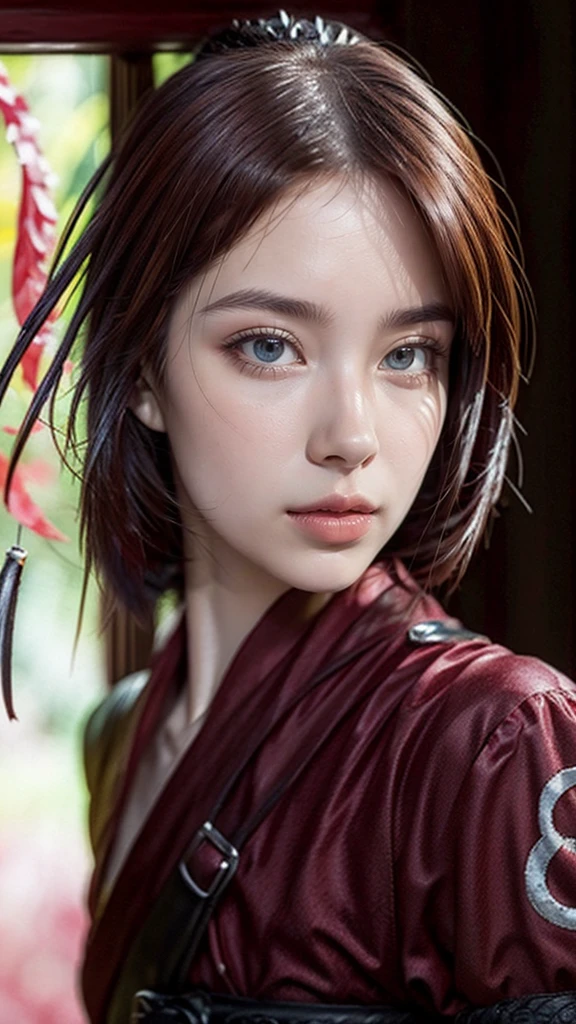 Moisturized skin, (red eyes), realistic body, (adult female body), heartless, (16 years old), (young girl),
BREAK,
bright red lipstick, (beautiful navel),
BREAK,
((masterpiece + highest quality + high resolution + highly detailed)), (full body: 1.2), symmetrical, one shot,
BREAK,
(leaves fluttering), (wind blowing), (battle stance: 1.4),
BREAK,
(large Japanese sword), ninja clothes, inside a mansion, assassination, a ninja with a sword creeps through a mansion, has a cut, long hair, ponytail, red hair, sword, cross mark on left cheek,