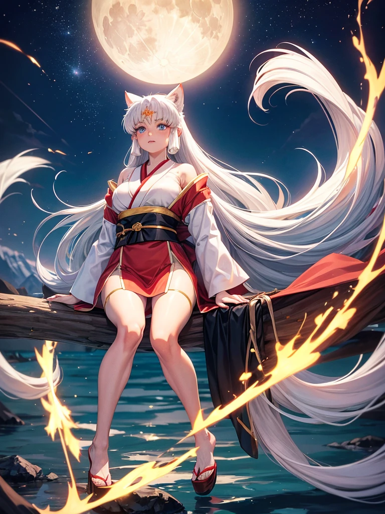 The character Inuyasha from the anime Inuyasha. 
He was female, with ample breasts and hips, with blue eyes, white, very long hair and he had a fluffy fox tail. 
She sat on the shore of the lake under the moon. 
Iconic red kimono with long sleeves and white patterns. 
There was a star mark on his forehead, and on the cheeks there are pointed stripes. There were sharp teeth and claws. 
So that there are no human ears. 