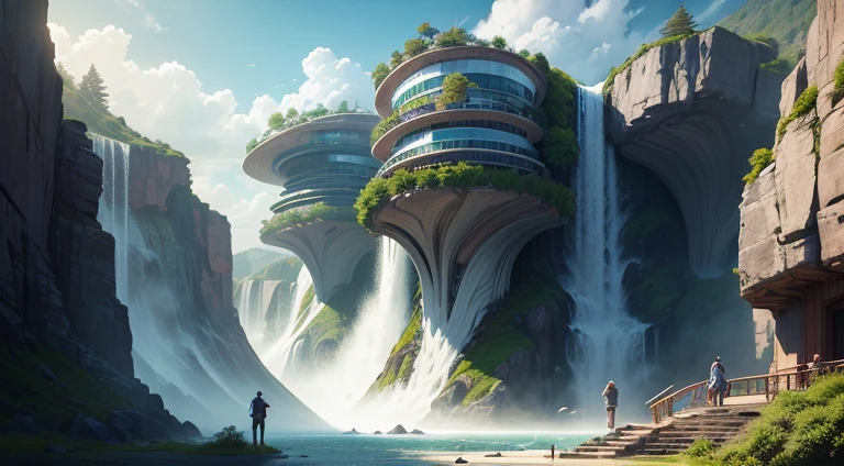 Futuristic design of an awesome sunny day environment concept art on a futuristic forest terrain with huge waterfalls,streams,sacred grooves, nature architecture, proportional,detailed, blueprint,bright clouds, nature meets futuristic architecture by Santiago Calatrava and Vincent Callebaut with Wes Anderson village,residential area, futuristic development, high rise made up staircases, balconies, full of composite glass facades, residential spaces carved from cliff side ,trending on artstation, beautiful lighting,In the style of Andreas Achenbach and Norman Ackroyd masterpiece, fantasy, intricate, award winning, 4k, highest quality render