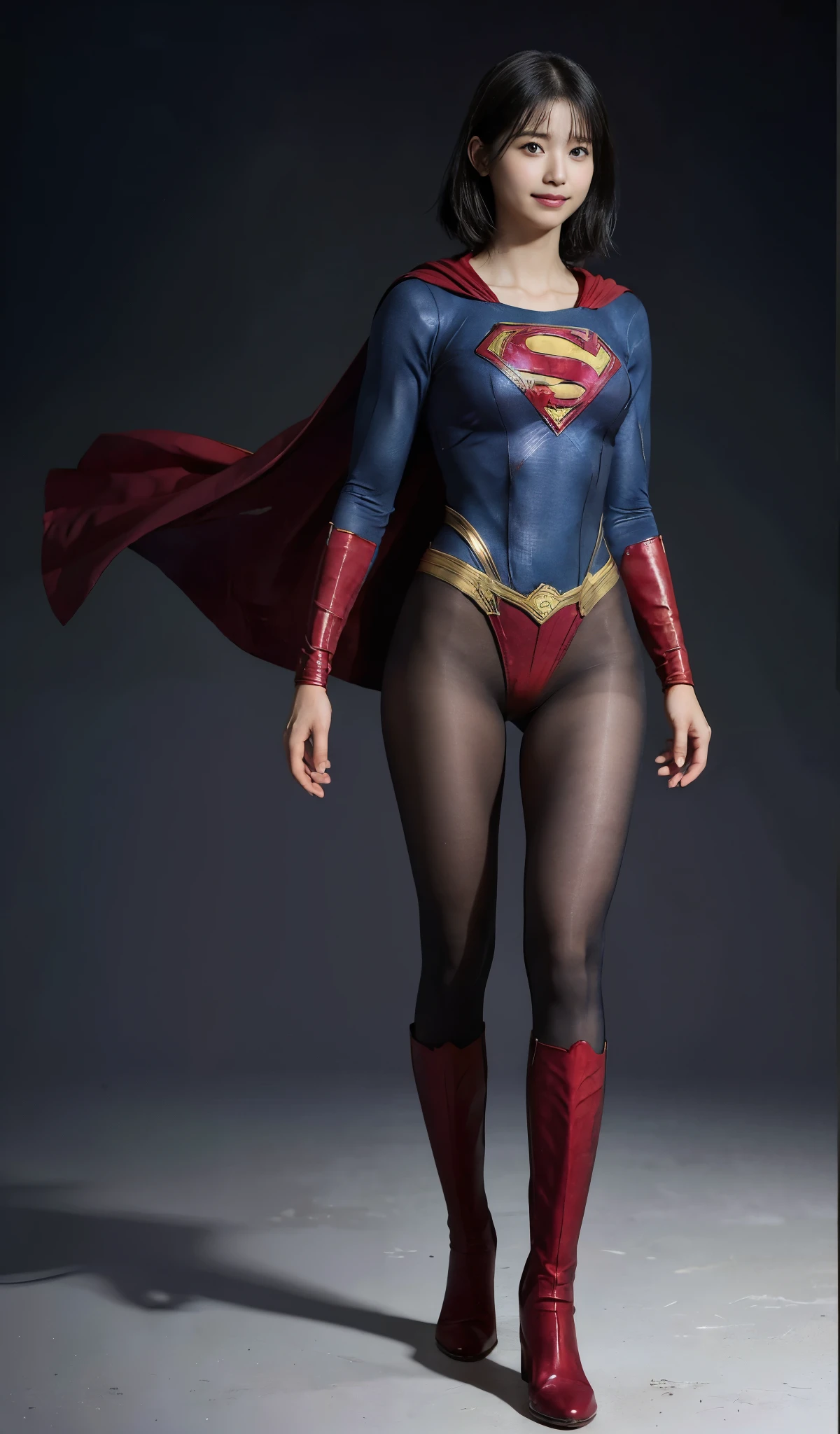No background、(((Beautiful legs in black tights.)))、(((Legally express the beauty of your smile)))、((((Make the most of your original images)))、(((Supergirl Costume)))、(((Beautiful short bob hair)))、(((suffering)))、(((Please wear black tights....、Wear red boots)))、((Best image quality、8k))、((Highest quality、8k、masterpiece:1.3))、(((Preserve background )))、Sharp focus:1.2、Beautiful woman with perfect figure:1.4、Slim Abs:1.2、Wet body:1.5、Highly detailed face and skin texture、8k