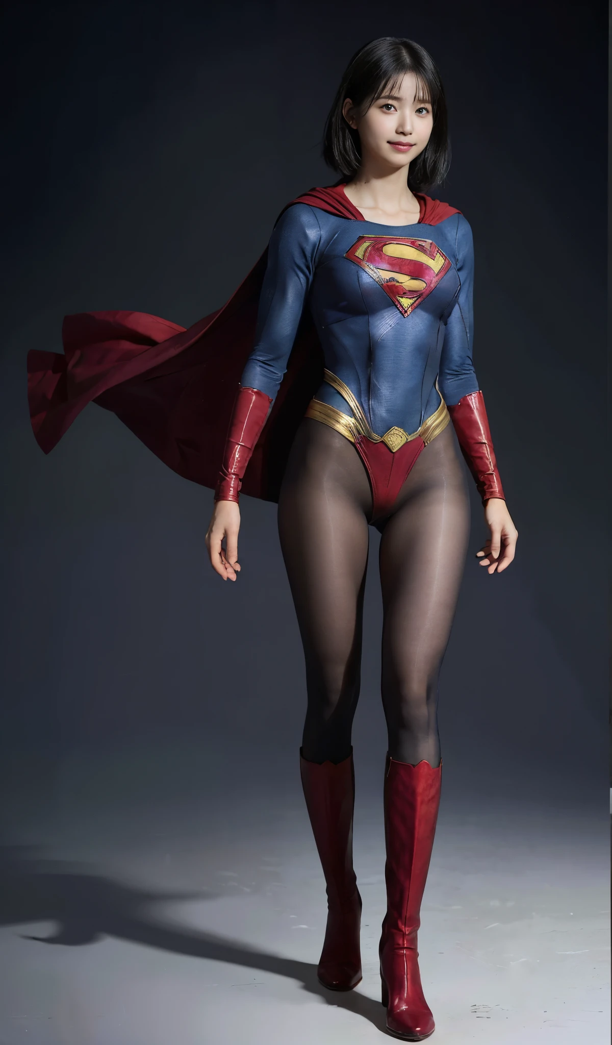 No background、(((Beautiful legs in black tights.)))、(((Legally express the beauty of your smile)))、((((Make the most of your original images)))、(((Supergirl Costume)))、(((Beautiful short bob hair)))、(((suffering)))、(((Please wear black tights....、Wear red boots)))、((Best image quality、8k))、((Highest quality、8k、masterpiece:1.3))、(((Preserve background )))、Sharp focus:1.2、Beautiful woman with perfect figure:1.4、Slim Abs:1.2、Wet body:1.5、Highly detailed face and skin texture、8k