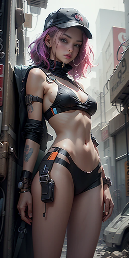 beautiful woman with medium hair, mediuml breasts, porter une casquette, with a cyberpunk style bikini