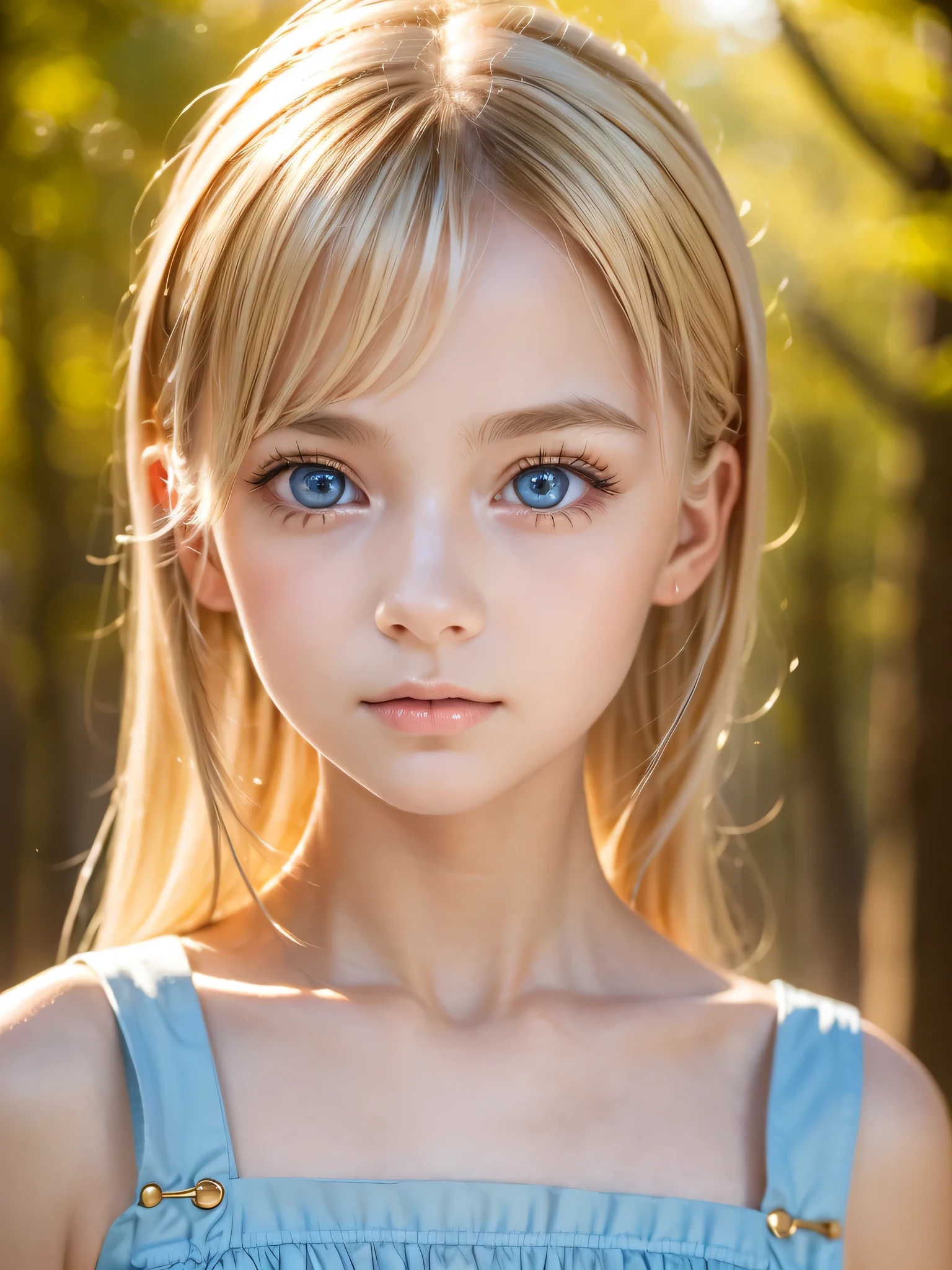 One Girl，(1人のとてもcute女の子:1.3)，masterpiece，Highest quality，High resolution，From below，Low - Angle，Photorealistic，RAW Photos，Ray Tracing，Physically Based Rendering，beautiful girl，(:1.3)，cute，Big Blue Eyes，(detailed pupils:1.2)，(Face turned to the side:1.3)，Body facing sideways，Beautiful nose，Upturned nose，Fuller lips，Platinum Blonde Hair，Detailed eyelashes，Thin eyebrows，Very fine grain definition，(Symmetrical eyes，Golden Ratio:1.3)，(Face close-up，Face Focus:1.0)，Small breasts，Short neck，Light blue dress，White apron，forest，Alice in Wonderland，Spring sunlight，Soft Light，Portrait，Look to the side，Upper Body，Cinema Lighting，High resolution，Very detailed