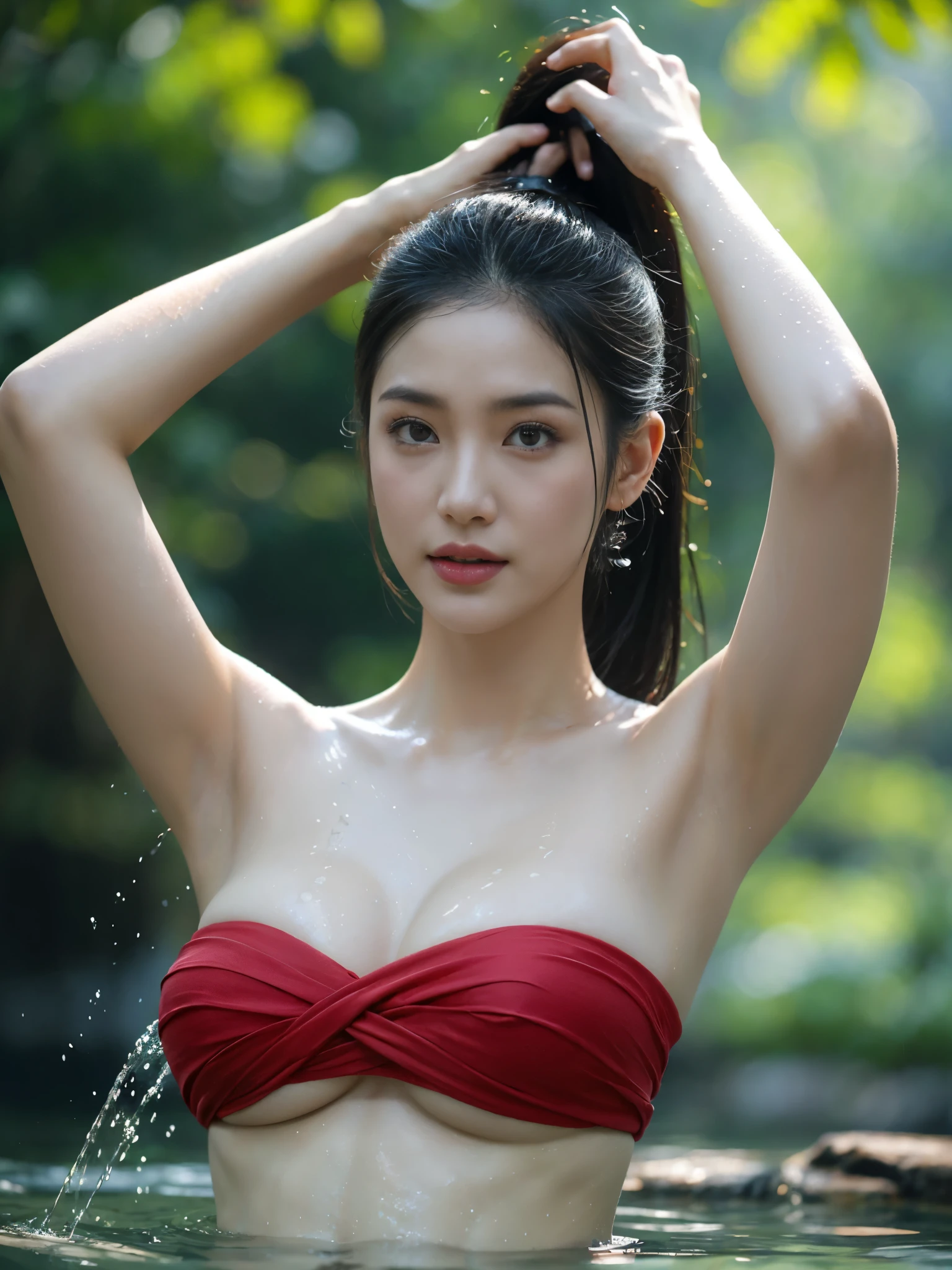 beautiful girl ,Thai female warrior, showering in a swiming pool at the forest, dynamic poses, Red and black strapless shirt, long ponytail,black eyes,abdominal muscles,plump body, rounded chest, (big breast:1.3), rift, morning sun,staring at the audience, rain, (dynamic poses), shower, shower poses, ((face details)),Double eyelids, finished, (Backlight), realistic, Masterpiece, Highest quality, lens flare, shade, in full bloom, [[Chromatic aberration]], By Jeremy Lipking, By Antonio J.. Manzanedo, digital painting, HDR, high contrast
