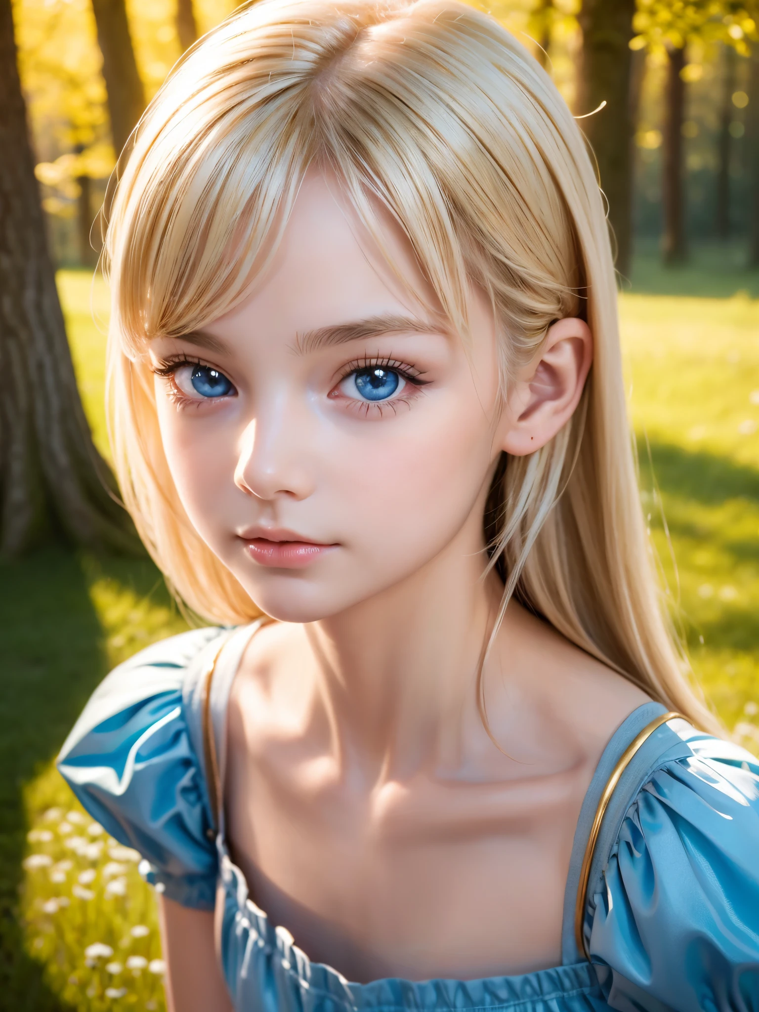 One Girl，(1人のとてもcute女の子:1.3)，masterpiece，Highest quality，High resolution，From below，Low - Angle，Photorealistic，RAW Photos，Ray Tracing，Physically Based Rendering，beautiful girl，(12 years old:1.3)，cute，Big Blue Eyes，(detailed pupils:1.2)，(Face turned to the side:1.3)，Body facing sideways，Beautiful nose，Upturned nose，Fuller lips，Platinum Blonde Hair，Detailed eyelashes，Thin eyebrows，Very fine grain definition，(Symmetrical eyes，Golden Ratio:1.3)，(Face close-up，Face Focus:1.0)，Small breasts，Short neck，Light blue dress，White apron，forest，Alice in Wonderland，Spring sunlight，Soft Light，Portrait，Look to the side，Upper Body，Cinema Lighting，High resolution，Very detailed
