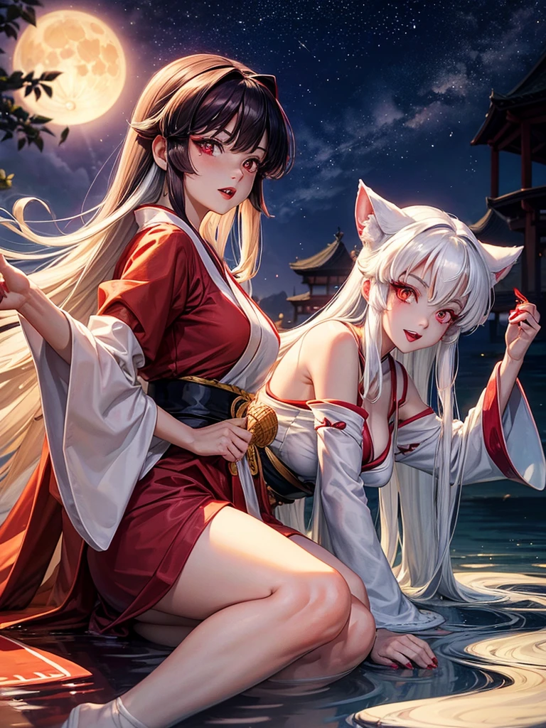 The character Inuyasha from the anime Inuyasha.
He was female, with ample breasts and hips, with bright yellow eyes, very long white hair.
She sat on the shore of the lake under the moon.
Iconic red kimono with long sleeves and white patterns.
There was a star mark on his forehead, and on the cheeks there are pointed stripes, red eye makeup and burgundy lips. There were sharp teeth and claws.
