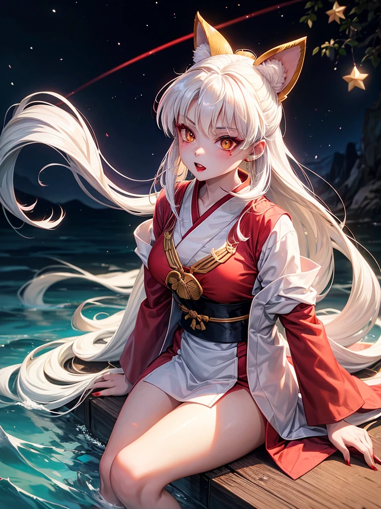 The character Inuyasha from the anime Inuyasha.
He was female, with ample breasts and hips, with bright yellow eyes, very long white hair.
She sat on the shore of the lake under the moon.
Iconic red kimono with long sleeves and white patterns.
There was a star mark on his forehead, and on the cheeks there are pointed stripes, red eye makeup and burgundy lips. There were sharp teeth and claws.