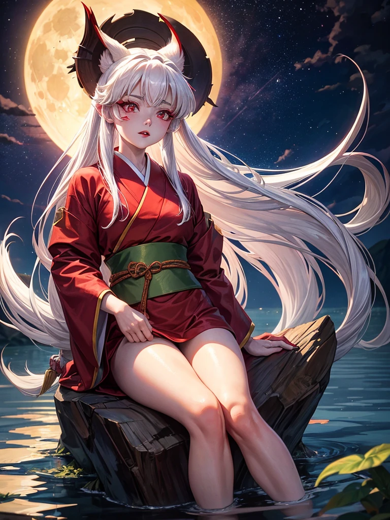 The character Inuyasha from the anime Inuyasha. 
He was female, with ample breasts and hips, with bright yellow eyes, very long white hair. 
She sat on the shore of the lake under the moon. 
Iconic red kimono with long sleeves and white patterns. 
There was a star mark on his forehead, and on the cheeks there are pointed stripes, red eye makeup and burgundy lips. There were sharp teeth and claws. 
