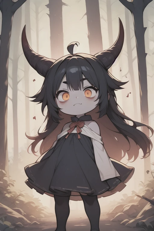 Young Girl,,Wearing a one-piece dress,Mini character,Red eyes,Black Hair,Long Hair,Dark atmosphere,Deformed character,Horns growing,Ahoge,Pale skin,eyes are half closed,Troubled face,Shoulder sticking out,Sleeveless dress,Tight-fitting clothing,Glaring
