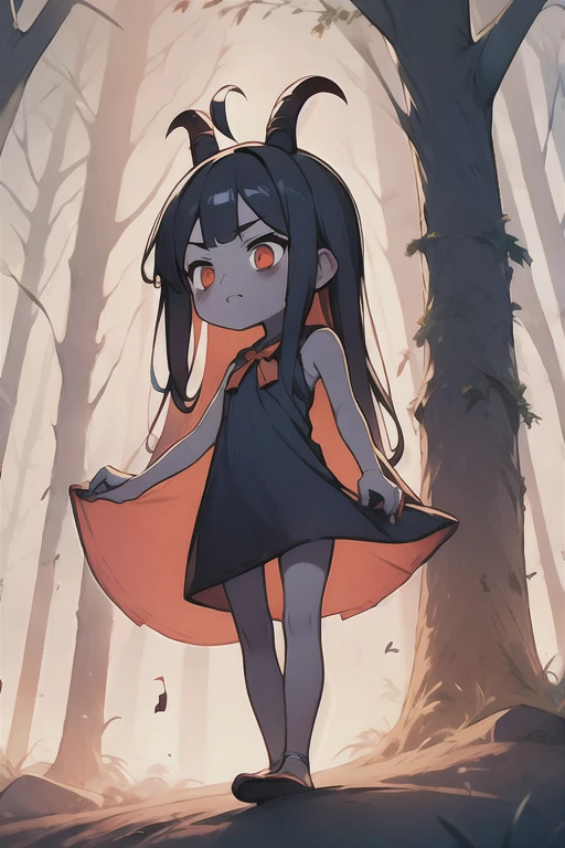 Young Girl,,Wearing a one-piece dress,Mini character,Red eyes,Black Hair,Long Hair,Dark atmosphere,Deformed character,Horns growing,Ahoge,Pale skin,eyes are half closed,Troubled face,Shoulder sticking out,Sleeveless dress,Tight-fitting clothing,Glaring
