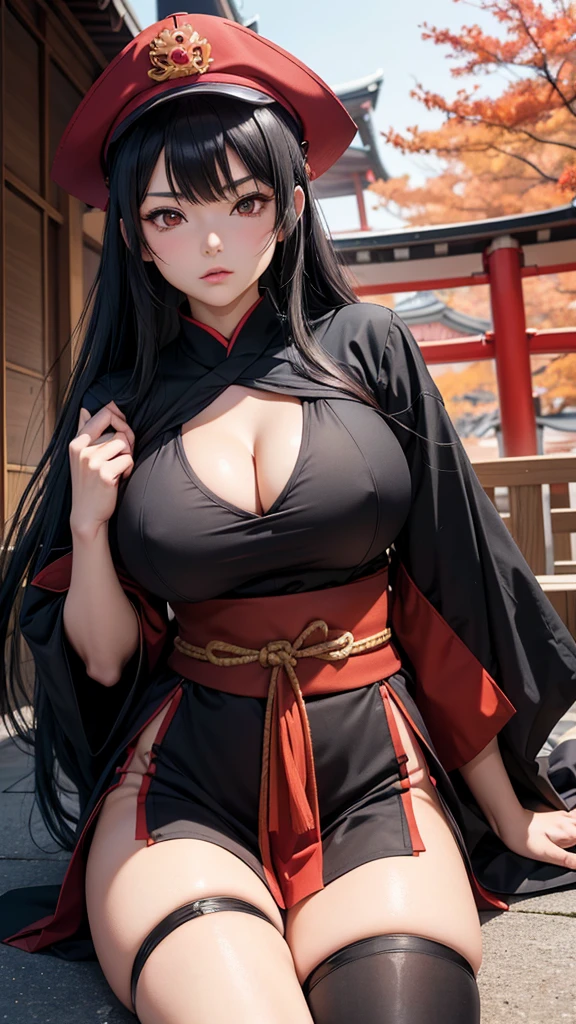 anime(Hyakka Ryouran: Samurai Girls), female kid , sexy (very big tits), actress (Yukimura Sanada), red eyes , black hair that is to waist length , hat, knee highs, battle fan, dress (samurai sexy), She's fighting in the back garden of Japan.
