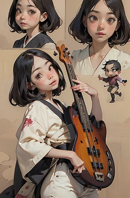 (masterpiece), (High resolution), (Very delicate), (masterpiece: 1.2, Highest quality), ((Girl playing bass)), scribble, nightmare, Doll-like face, Manga style, rough sketch, Comic style illustration, (Horror elements), Japanese painting, whole body,(snap shot),, that&#39;terrible, (Spooky), Japan sculpture,old picture scroll style, old staging, Ancient mural style, crazy illustration, Dark atmosphere, Flat Illustration, Spookyな外観, A very distinctive hairstyle, disheveled blonde hair、creative accessories, Unique atmosphere、Angle from below、(Jazz Bass)、Punk Kimono
