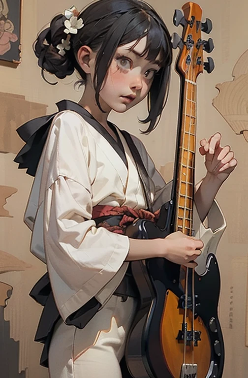 (masterpiece), (High resolution), (Very delicate), (masterpiece: 1.2, Highest quality), ((Girl playing bass)), scribble, nightmare, Doll-like face, Manga style, rough sketch, Comic style illustration, (Horror elements), Japanese painting, whole body,(snap shot),, that&#39;terrible, (Spooky), Japan sculpture,old picture scroll style, old staging, Ancient mural style, crazy illustration, Dark atmosphere, Flat Illustration, Spookyな外観, A very distinctive hairstyle, disheveled blonde hair、creative accessories, Unique atmosphere、Angle from below、(Jazz Bass)、Punk Kimono
