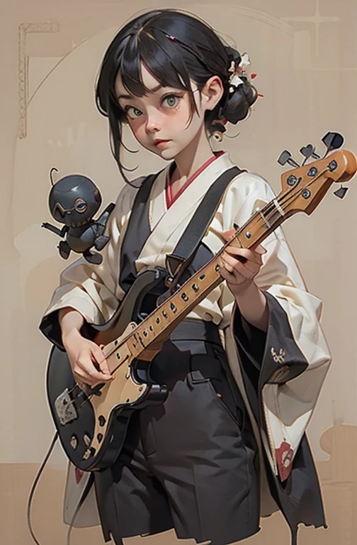 (masterpiece), (High resolution), (Very delicate), (masterpiece: 1.2, Highest quality), ((Girl playing bass)), scribble, nightmare, Doll-like face, Manga style, rough sketch, Comic style illustration, (Horror elements), Japanese painting, whole body,(snap shot),, that&#39;terrible, (Spooky), Japan sculpture,old picture scroll style, old staging, Ancient mural style, crazy illustration, Dark atmosphere, Flat Illustration, Spookyな外観, A very distinctive hairstyle, disheveled blonde hair、creative accessories, Unique atmosphere、Angle from below、(Jazz Bass)、Punk Kimono
