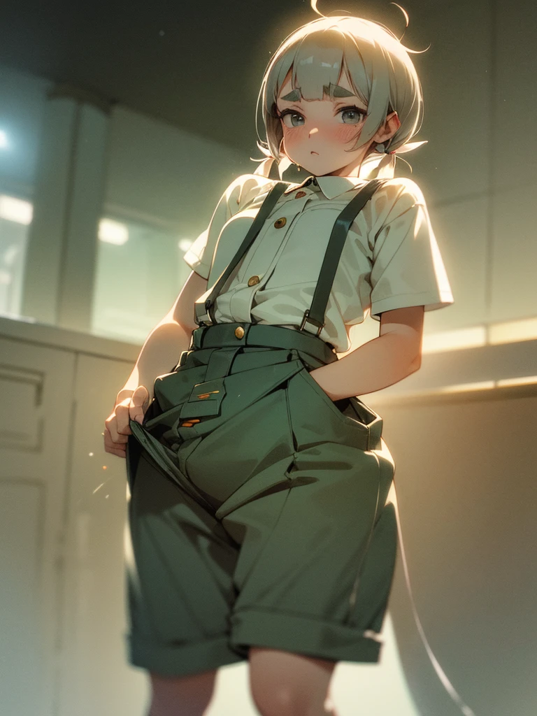 (Sumilux f1.4 50mm , low Latitude old color negative film , cross process , bokeh, flare, chromatic aberration , soft focus, (Shallow focus) , soft glow , Maximum aperture, high Key , Transparent depiction)  , hentai anime style , innocent erotica , girl , (Thick thighs) , (Wide pelvis:0.8), (Short stature) , (blunt bangs , Pixie Cut , Twin tail hairstyle ) , (round maro eyebrows:1.2) , (Baggy short Culottes) , suspenders , twin melons , Itchy groin , (Crotch stain) , Holding in the pee , A little bit came out , (The button is off , The button pops off) , Childish underwear , Mucus won't stop