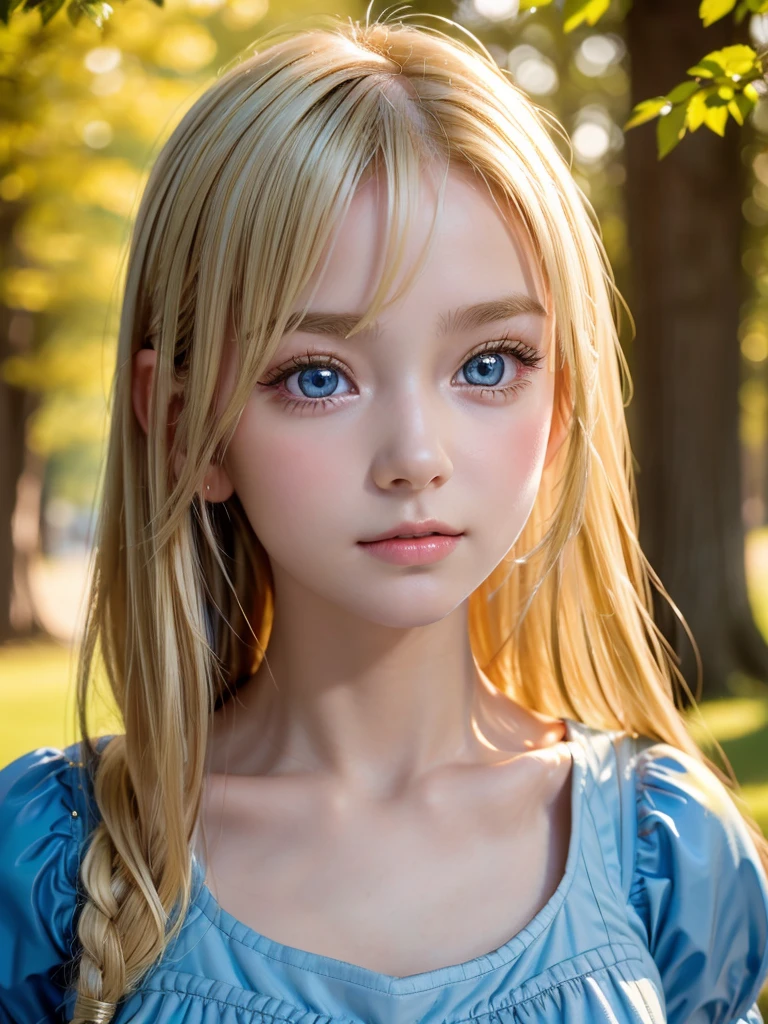 One Girl,(1人のとてもcute女の子:1.3),masterpiece,Highest quality,High resolution,From below,Low - Angle,Photorealistic,RAW Photos,Ray Tracing,Physically Based Rendering,beautiful girl,(12 years old:1.3),cute,Big Blue Eyes,(detailed pupils:1.2),(Face turned to the side:1.3),Body facing sideways,Beautiful nose,Upturned nose,Fuller lips,Platinum Blonde Hair,Detailed eyelashes,Thin eyebrows,Very fine grain definition,(Symmetrical eyes,Golden Ratio:1.3),(Face close-up,Face Focus:1.0),Small breasts,Short neck,Light blue dress,White apron,forest,Alice in Wonderland,Spring sunlight,Soft Light,Portrait,Look to the side,Upper Body,Cinema Lighting,High resolution,Very detailed