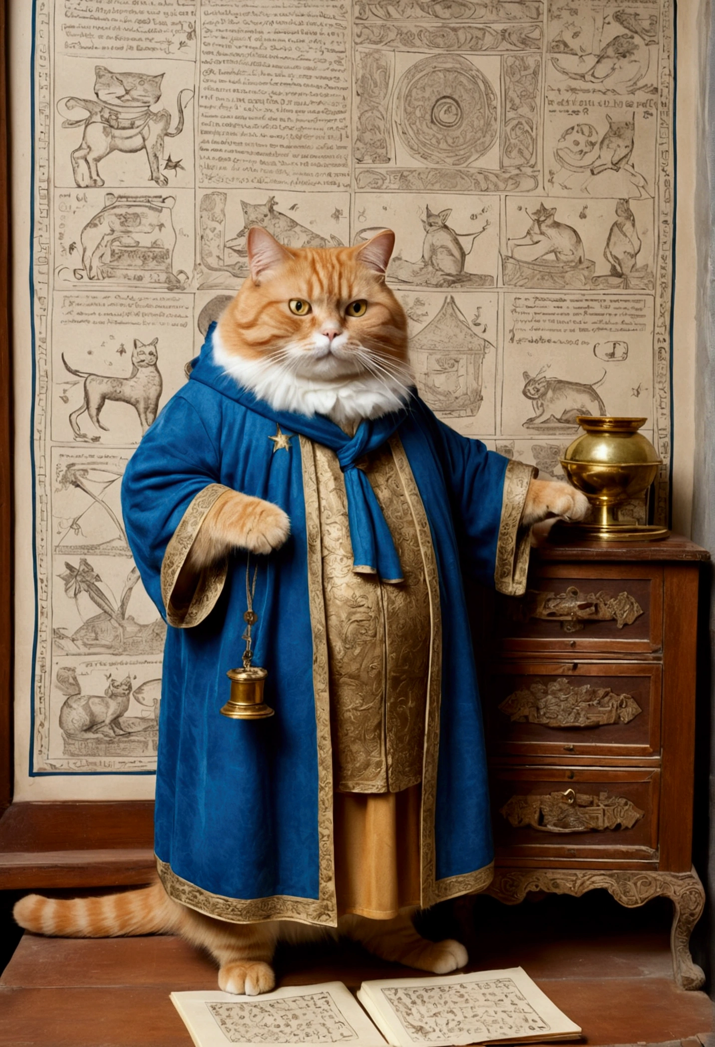 The drawing is of the highest quality, extremely clear, the highest degree of detail, maximum attention to detail, a fat ginger cat, standing on its hind legs, half-turned, wearing a blue robe embroidered with gold stars, standing in front of an old carved bureau made of mahogany, and making notes in old scrolls, behind it is an old telescope on a tripod decorated with bronze, on the walls of the room made of rough gray stone are old engravings depicting constellations.