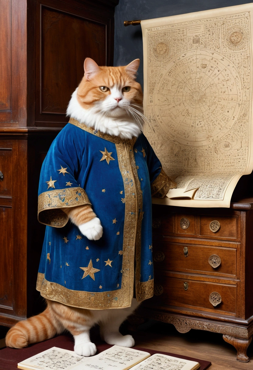 The drawing is of the highest quality, extremely clear, the highest degree of detail, maximum attention to detail, a fat ginger cat, standing on its hind legs, half-turned, wearing a blue robe embroidered with gold stars, standing in front of an old carved bureau made of mahogany, and making notes in old scrolls, behind it is an old telescope on a tripod decorated with bronze, on the walls of the room made of rough gray stone are old engravings depicting constellations.