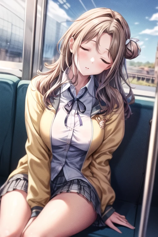 masterpiece, Highest quality, High resolution, ((train))、Sitting、eat, Long Hair, One-sided bun, Hair Ribbon, Neck ribbon, White shirt with collar, (Yellow cardigan, Open clothes)、Long sleeve, Checked skirt, Grey Skirt, Pleated skirt,Attractive thighs、Light blue underwear、( Ichikawa Hinana),cute、Attractive breasts、from the front、Sleeping、Close ~ eyes、(Lean on the shoulder of the person beside you)、Weakness、Loss of power