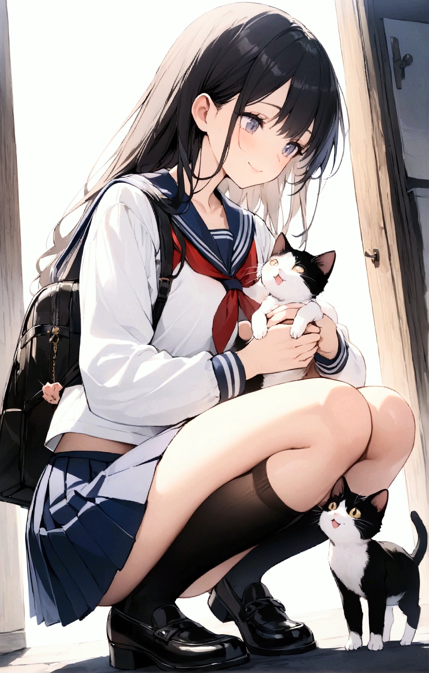 One Woman、1 kitten、Alley、heavy rain、beautiful girl、Sailor suit、smile、Look at the kitten、Pleated skirt、Holding a backpack with both hands、Year: 18、Long Hair, Highest quality,  Body Type、small 、small ass、Black Hair、Black knee-high socks、Cowboy Shot、Ultra-high definition images、Squatting down to fix shoelaces、Angle from directly below、Petting a cat、Holding a kitten、Pick up a kitten、Playing with cats