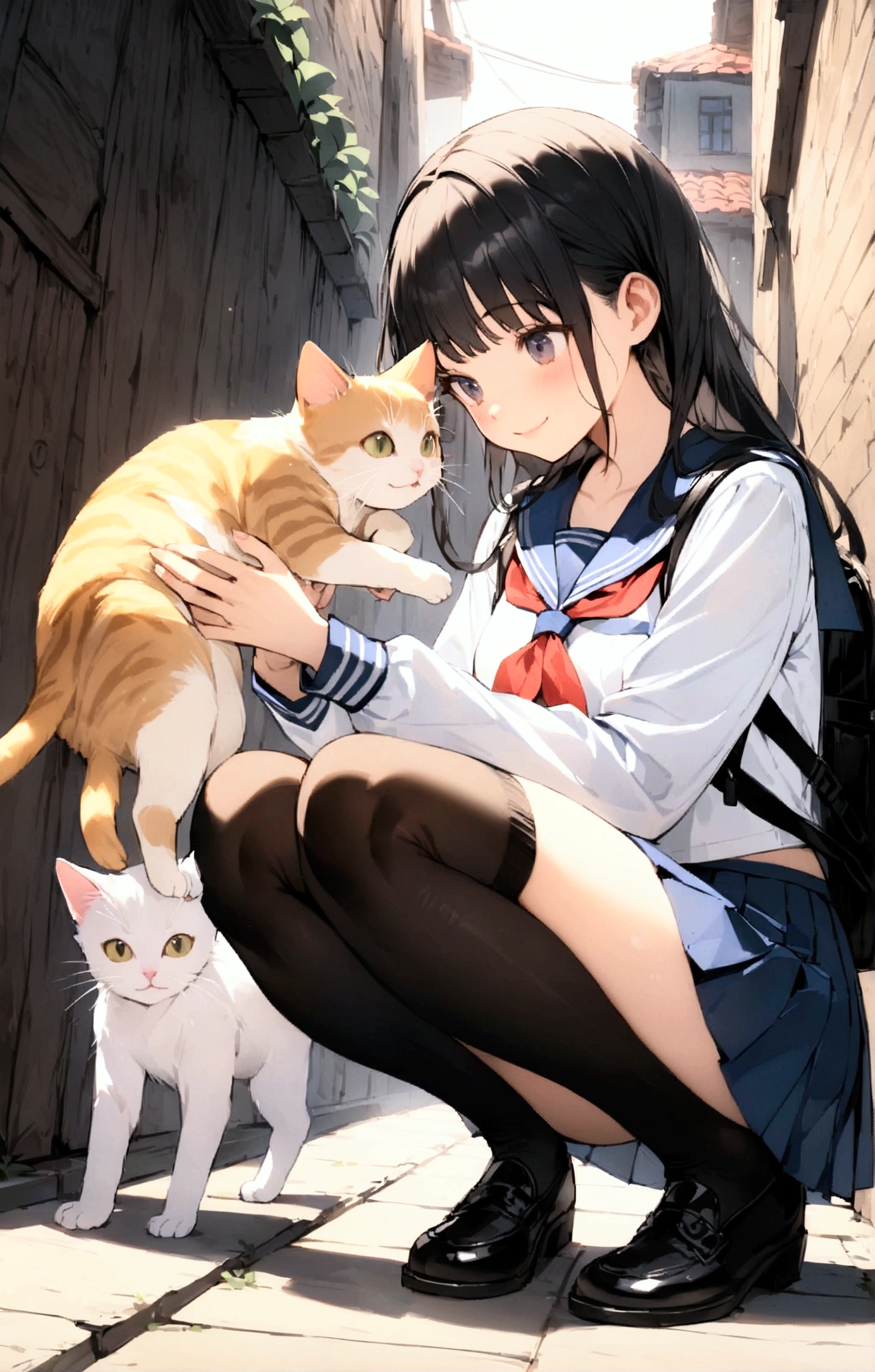 One Woman、1 kitten、Alley、heavy rain、beautiful girl、Sailor suit、smile、Look at the kitten、Pleated skirt、Holding a backpack with both hands、Year: 18、Long Hair, Highest quality,  Body Type、small 、small ass、Black Hair、Black knee-high socks、Cowboy Shot、Ultra-high definition images、Squatting down to fix shoelaces、Angle from directly below、Petting a cat、Holding a kitten、Pick up a kitten、Playing with cats