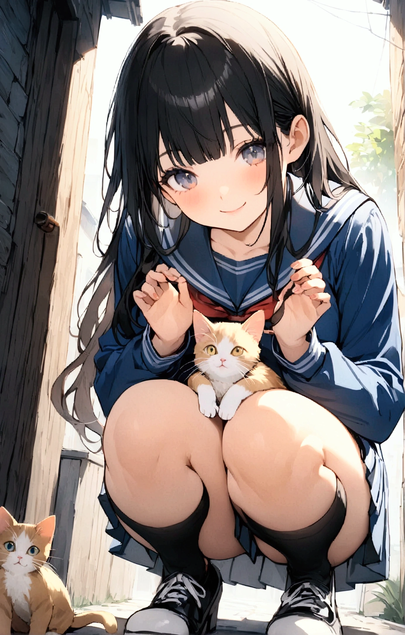 One Woman、1 kitten、Alley、heavy rain、beautiful girl、Sailor suit、smile、Look at the kitten、Pleated skirt、Holding a backpack with both hands、Year: 18、Long Hair, Highest quality,  Body Type、small 、small ass、Black Hair、Black knee-high socks、Cowboy Shot、Ultra-high definition images、Squatting down to fix shoelaces、Angle from directly below、Petting a cat、Holding a kitten、Pick up a kitten、Playing with cats