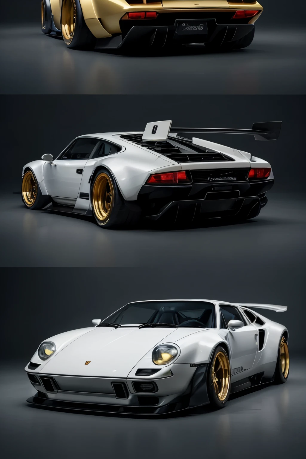 A masterpiece of automotive art, this fusion of the iconic Lamborghini Countach and Porsche 911 Carrera boasts an extraordinary blend of sleek lines and dynamic curves. The front of the vehicle, reminiscent of the Countach, features a sharp angular design, complete with wide-set headlights and a distinctive wedge shape. The rear, inspired by the 911, showcases the signature Porsche taillights, seamlessly integrated into the design. The vehicle's body, painted in a striking gold hue, gleams under the sunlight, displaying intricate details and a high level of craftsmanship. The fusion of these two iconic sports cars